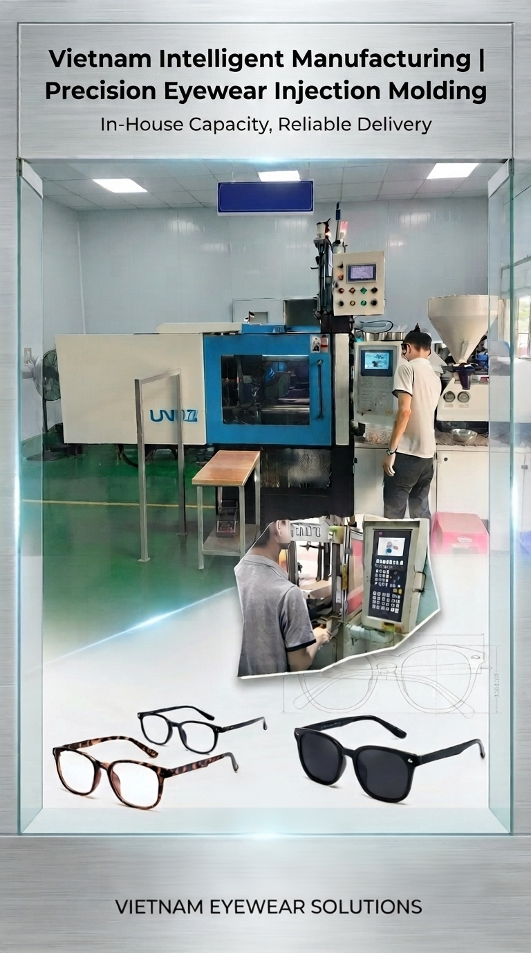 Vi visar upp vår egenägda intelligenta precisionsformsprutningsverkstad i vårt glasögontillverkningscentrum i Vietnam.